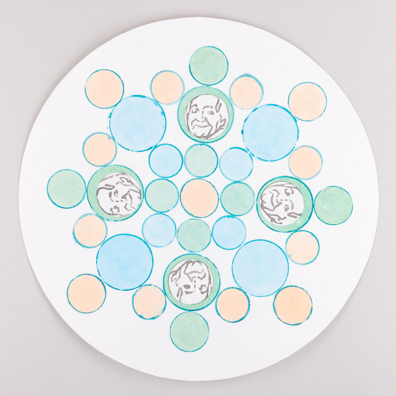 Misaki Kawabe, "Wa Mandala 2," Indian ink, collage, stamps, water Colour on paper, diameter 19.8 cm, 2023