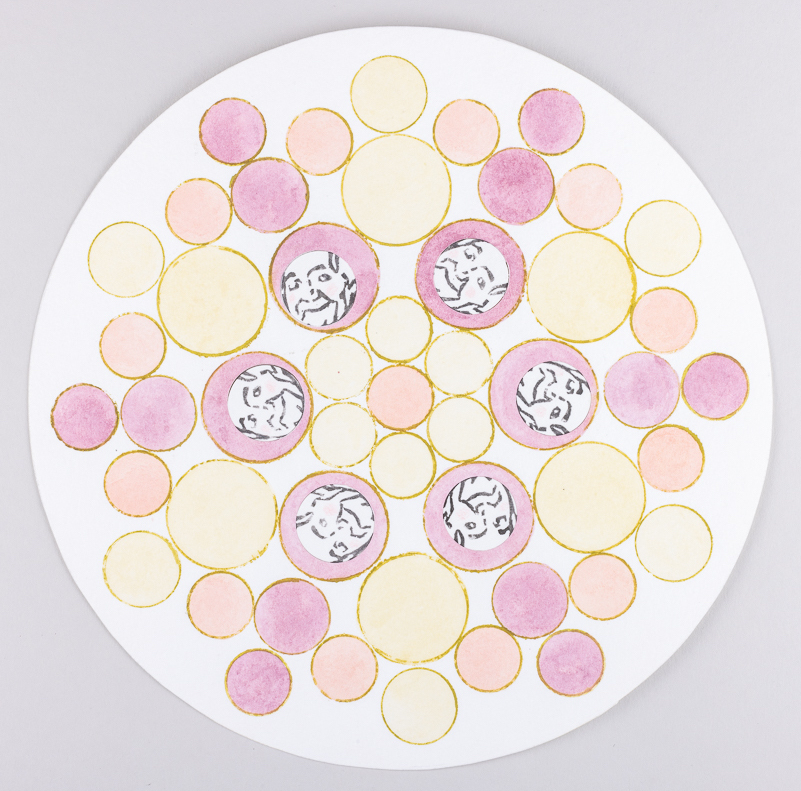 Misaki Kawabe, "Wa Mandala 3," Indian ink, collage, stamps, water Colour on paper, diameter 20.9 cm, 2023