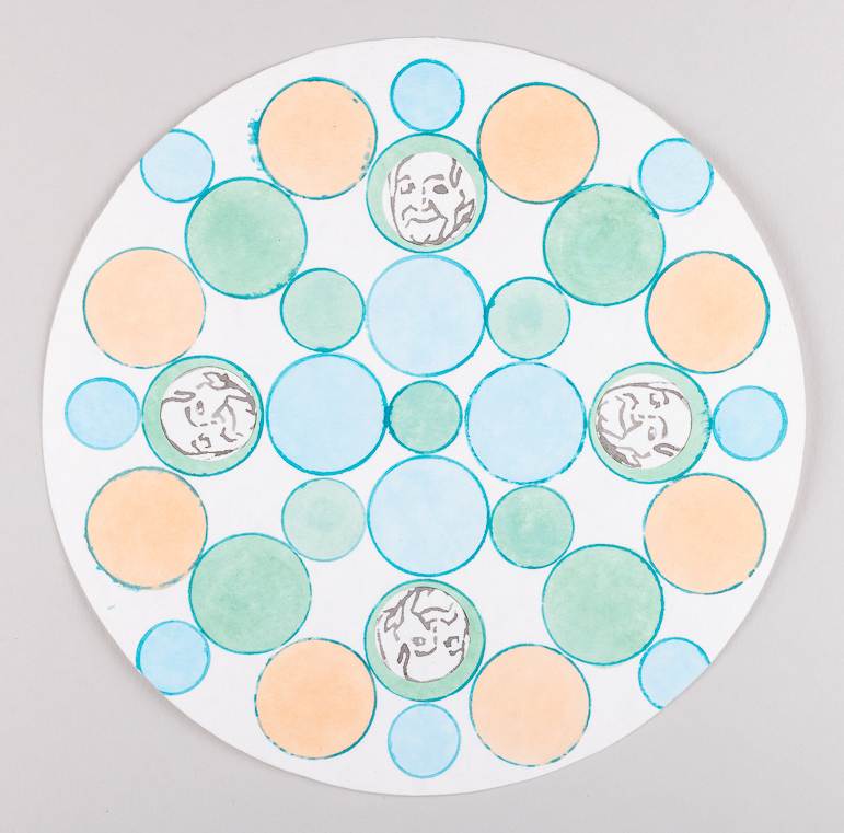 Misaki Kawabe, "Wa Mandala 4," Indian ink, collage, stamps, water Colour on paper, diameter 19.6 cm, 2023