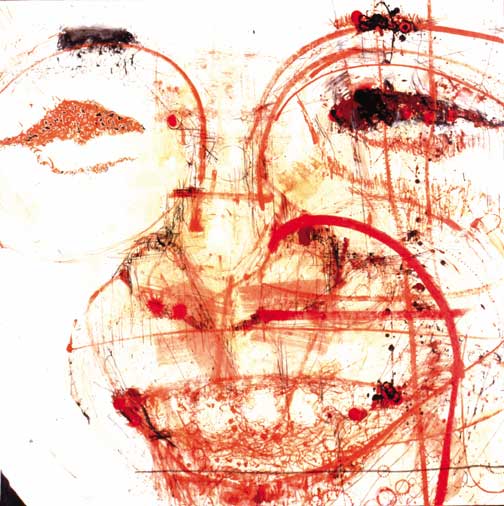 Misaki Kawabe, "Sun-god," india ink, oil, gelatin, tea, bond, pen, charcoal, and crayon on canvas, 130.5 x 130.5 cm, 2001